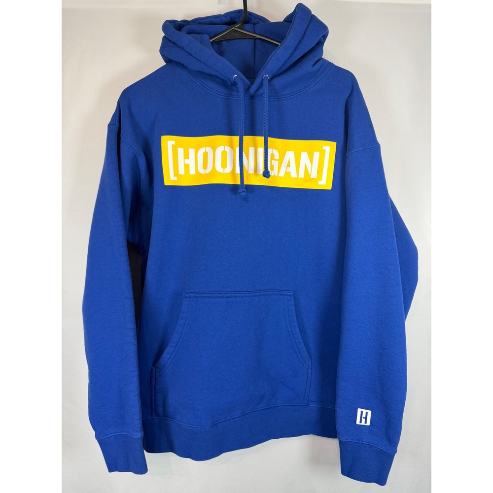 Hoonigan Censor Bar Hoodie Mens Large Royal Blue Yellow Graphic Sweatshirt